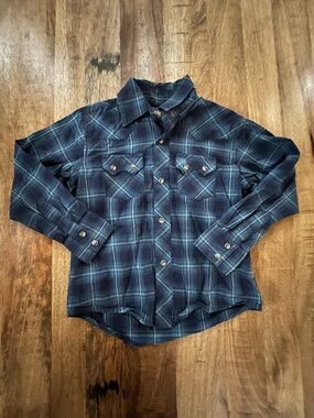 Wrangler Retro Navy and Teal Plaid Western Snap Shirt